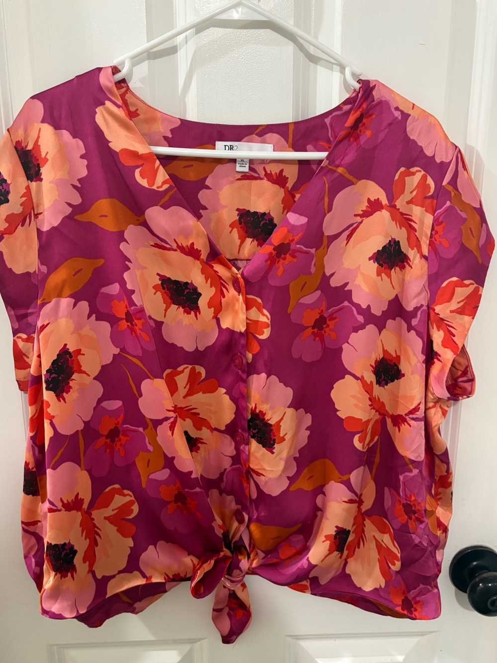 DR2 Daniel Rainn Floral Tie Front Blouse XL Pink Coral Short Sleeve Top